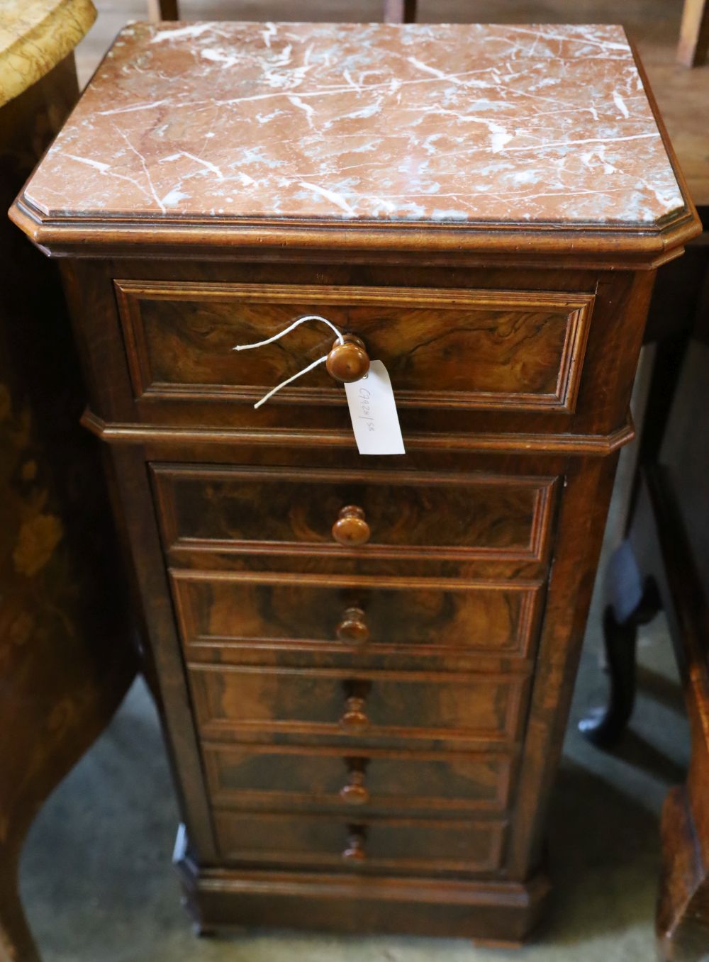 A 19th century French faux fronted marble top cabinet, width 42cm depth 34cm height 91cm